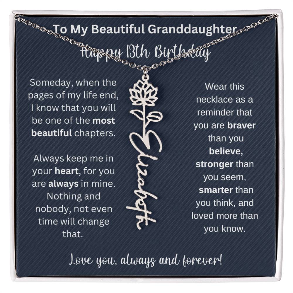 13th Birthday Gift For Granddaughter | Personalized Birth Flower Name Necklace