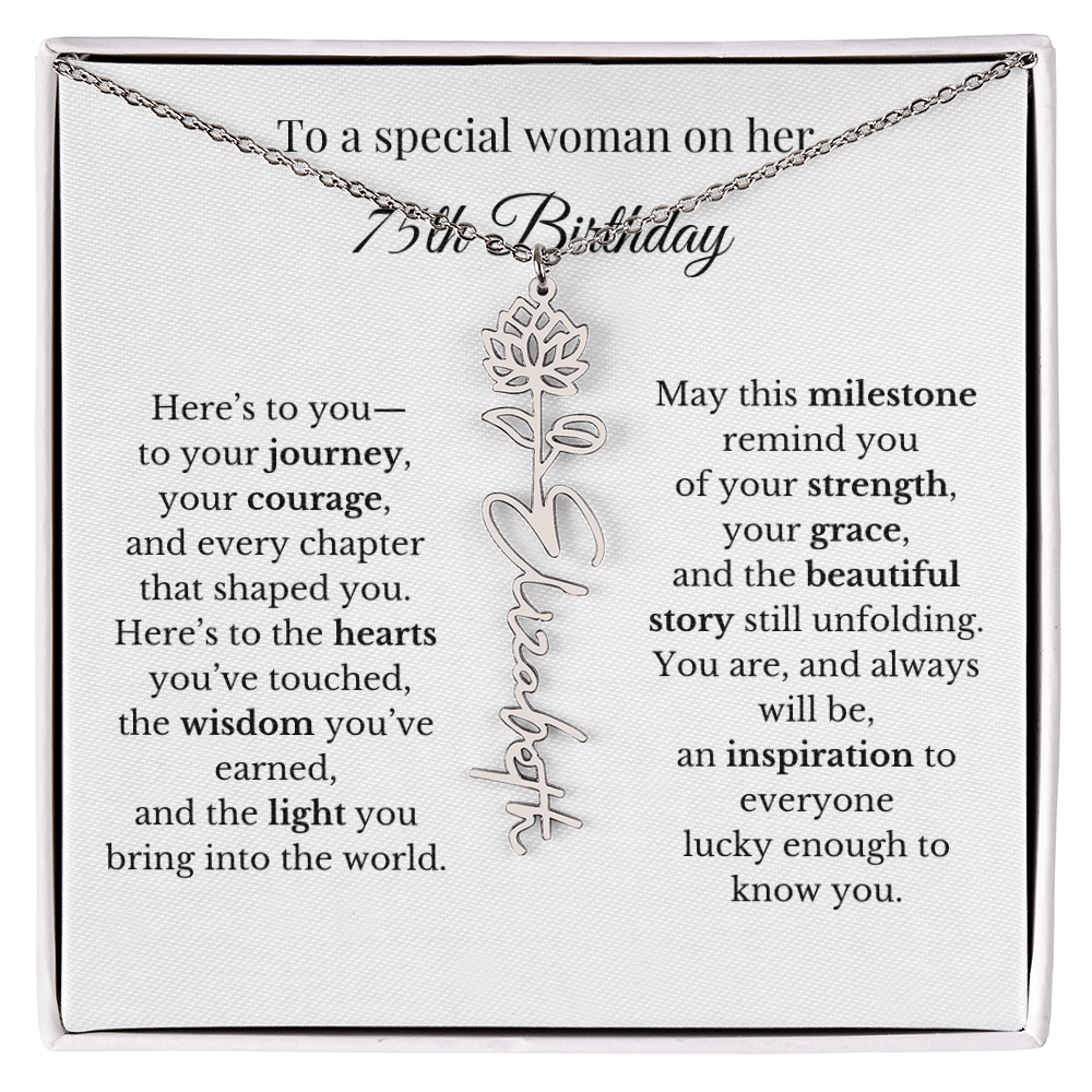 75th Birthday Gift To A Special Woman | Personalized Birth Flower Name Necklace