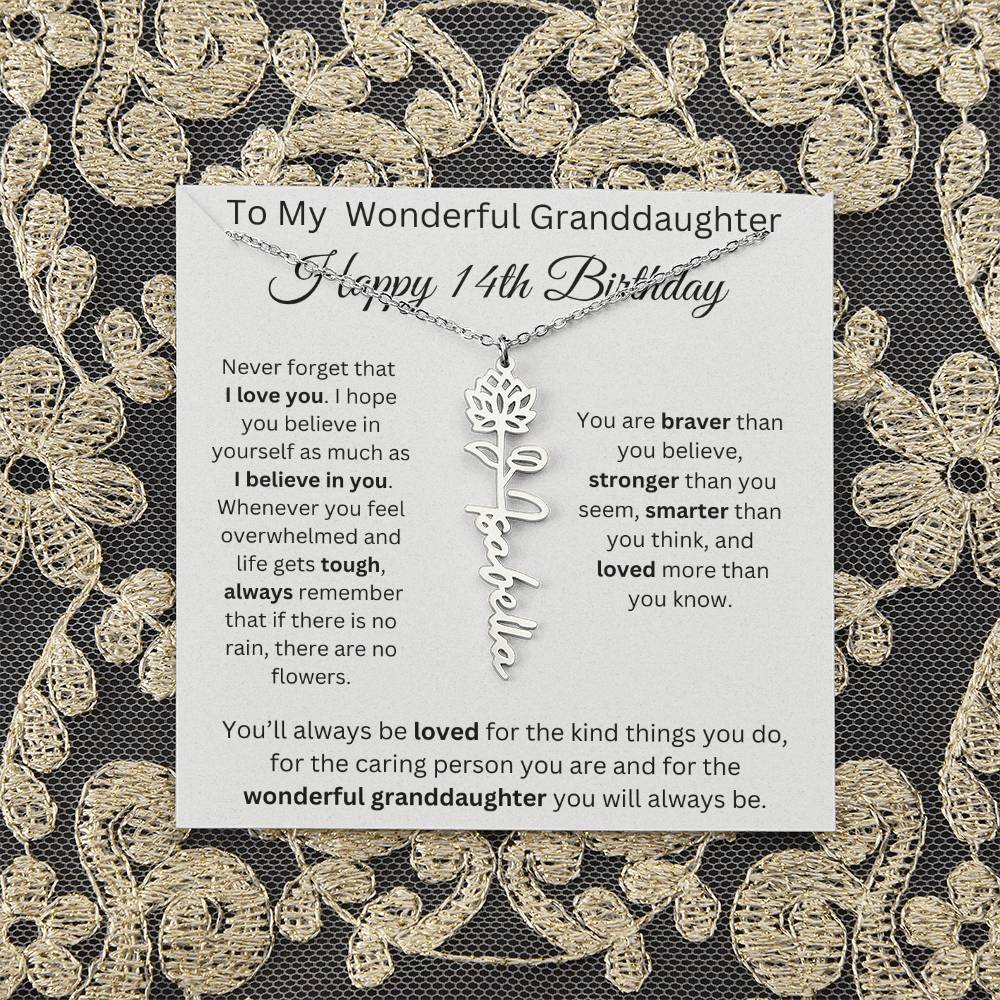 To My Wonderful Granddaughter - Happy 14th Birthday - Flower Name Necklace