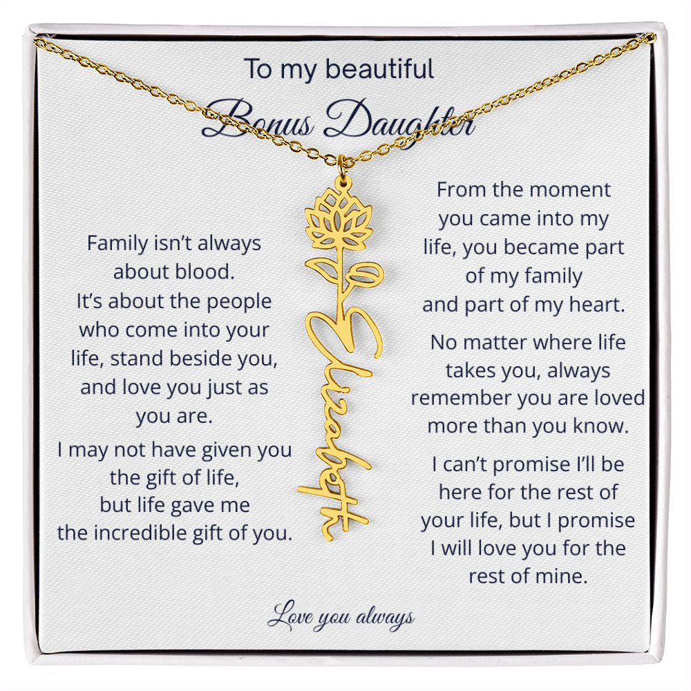 Bonus Daughter Jewelry Gift - Personalized Birth Flower Name Necklace