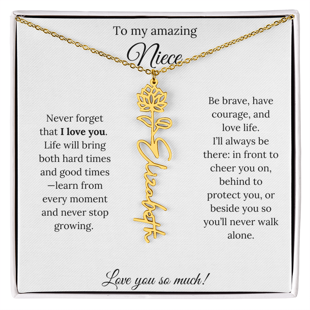 Niece Gift – Birth Flower Name Necklace + Inspiring Message Card