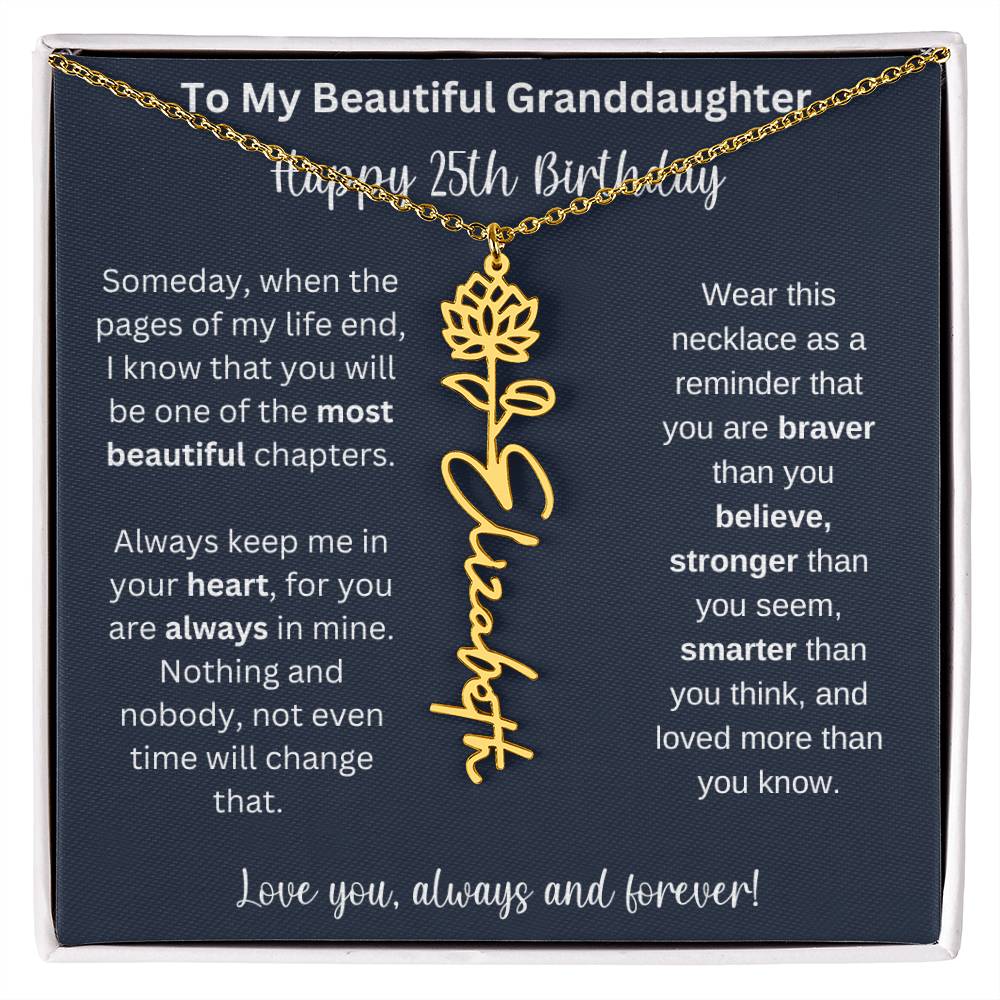 25th Birthday Gift For Granddaughter | Personalized Birth Flower Name Necklace