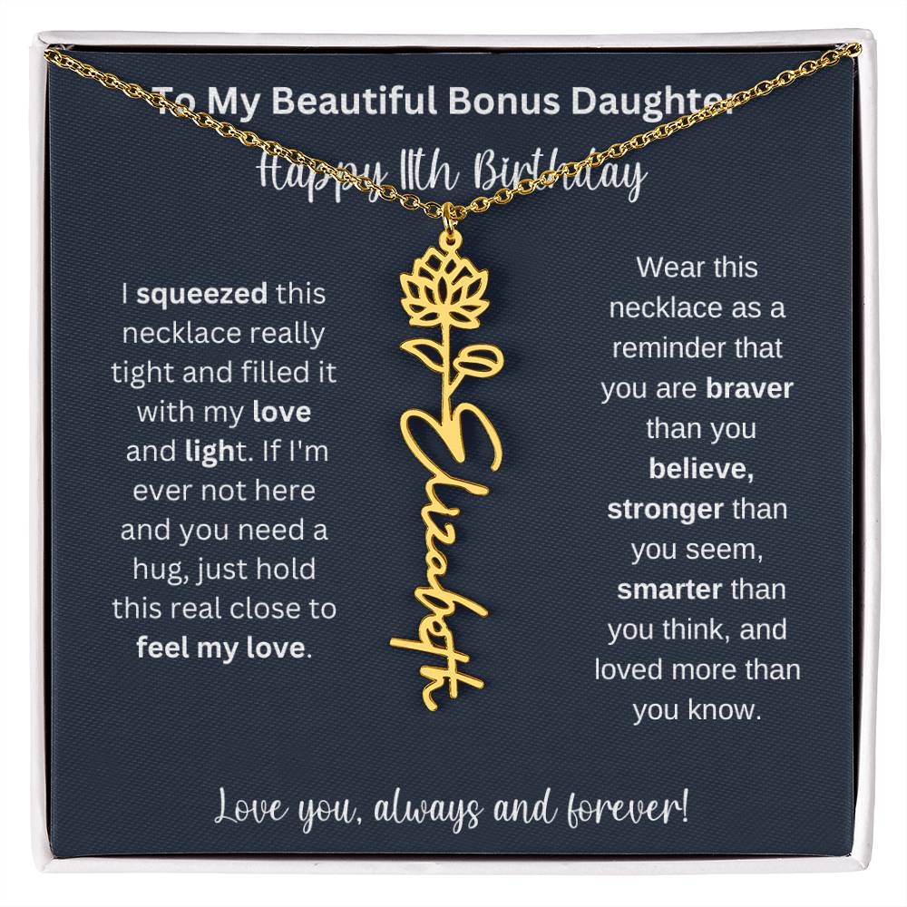 To My Beautiful Bonus Daughter | Happy 11th Birthday | Flower Name Necklace