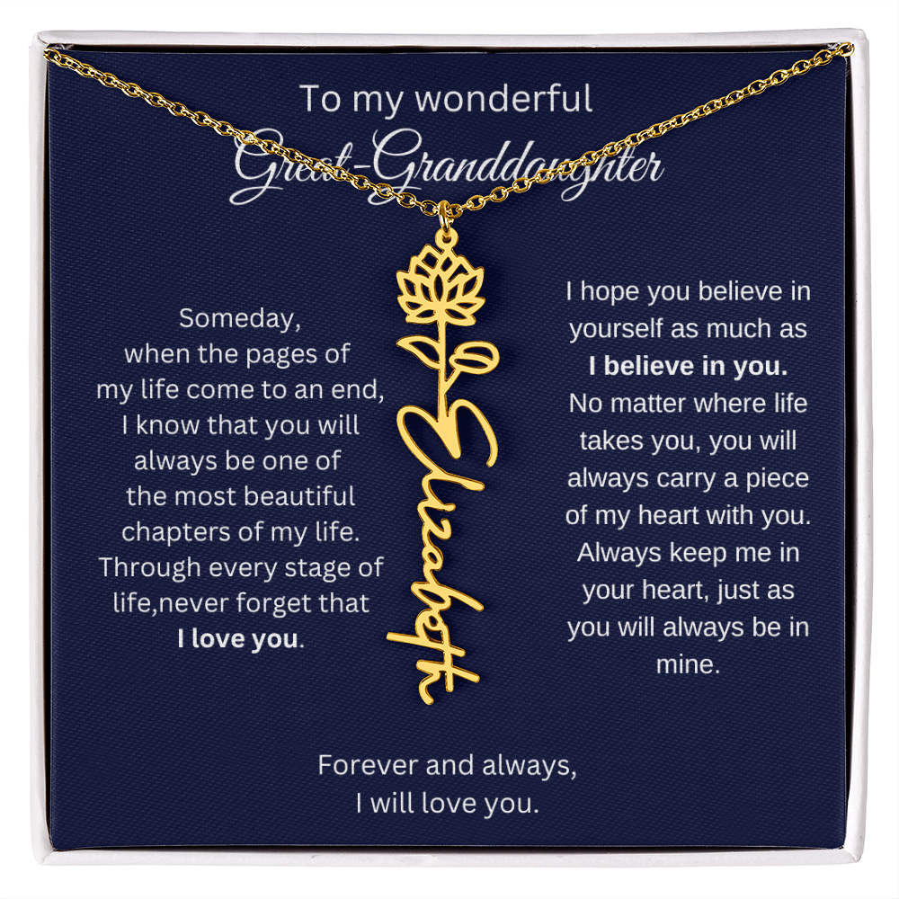 Great Granddaughter Jewelry Gift - Birth Flower Name Necklace