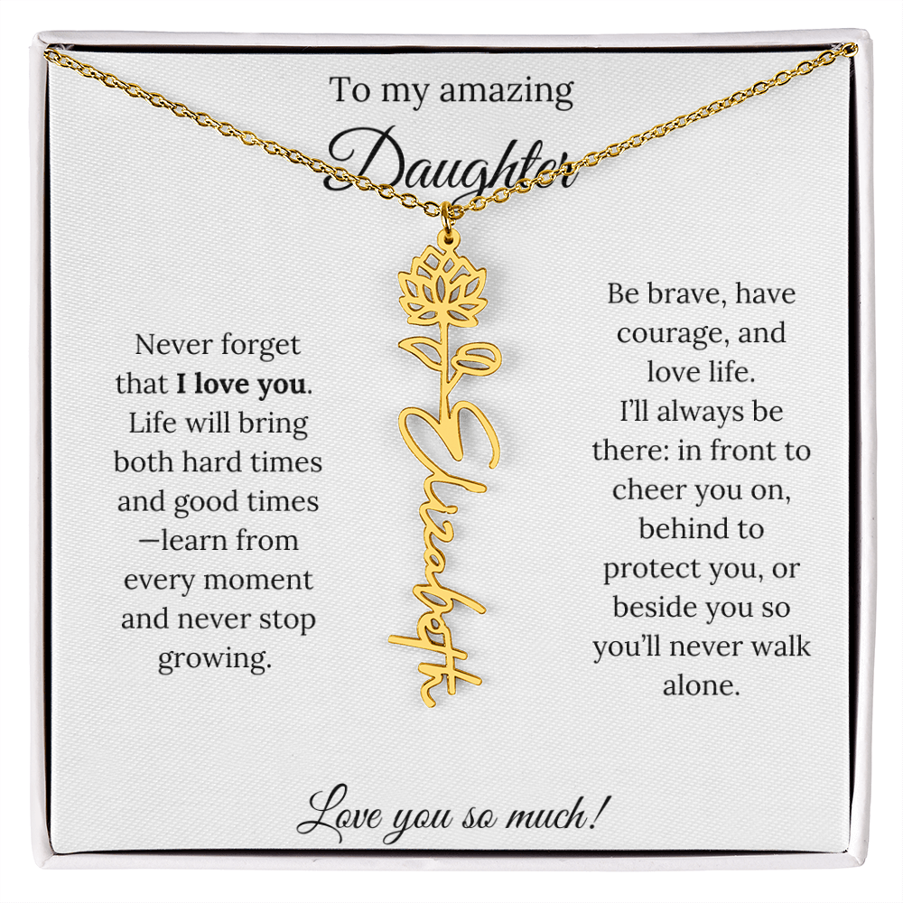 Personalized Daughter Necklace with Birth Flower Name & Inspiring Quote Card