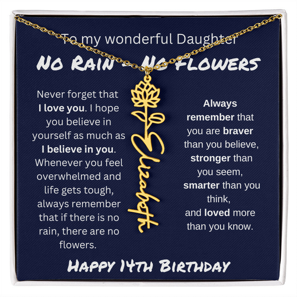 No Rain - No Flower | Happy 14th Birthday | Flower Name Necklace