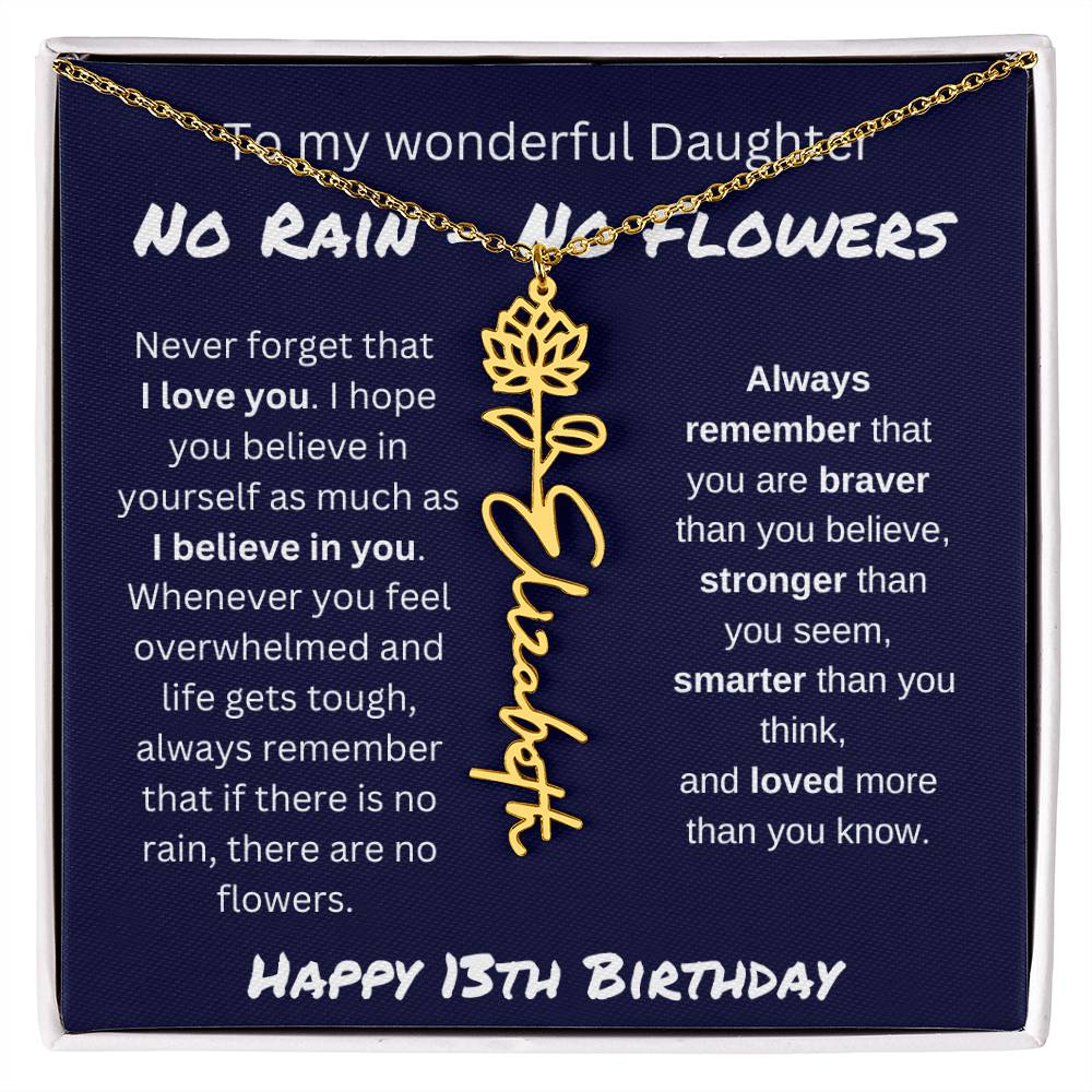 No Rain - No Flower | Happy 13th Birthday | Flower Name Necklace