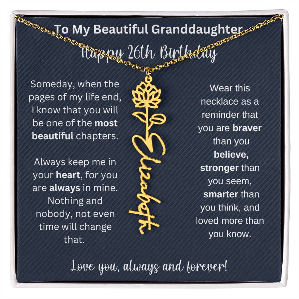 26th Birthday Gift For Granddaughter | Personalized Birth Flower Name Necklace