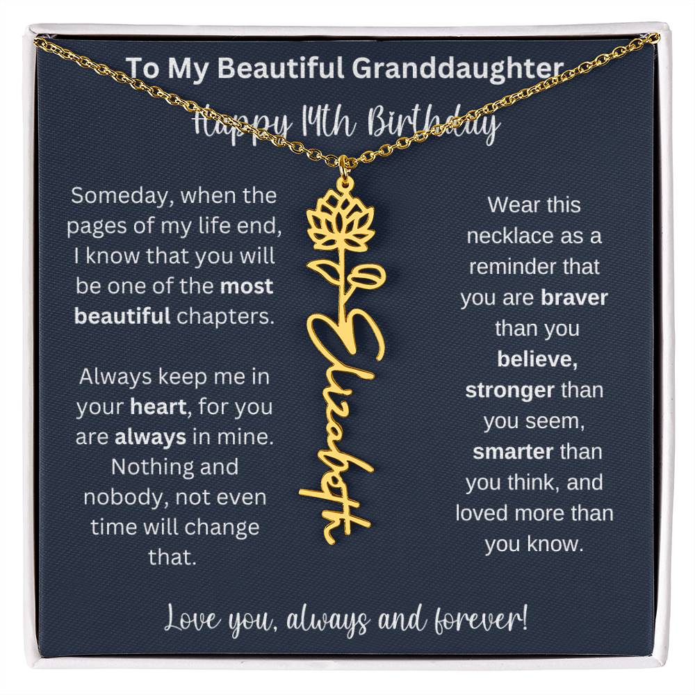 14th Birthday Gift For Granddaughter | Personalized Birth Flower Name Necklace