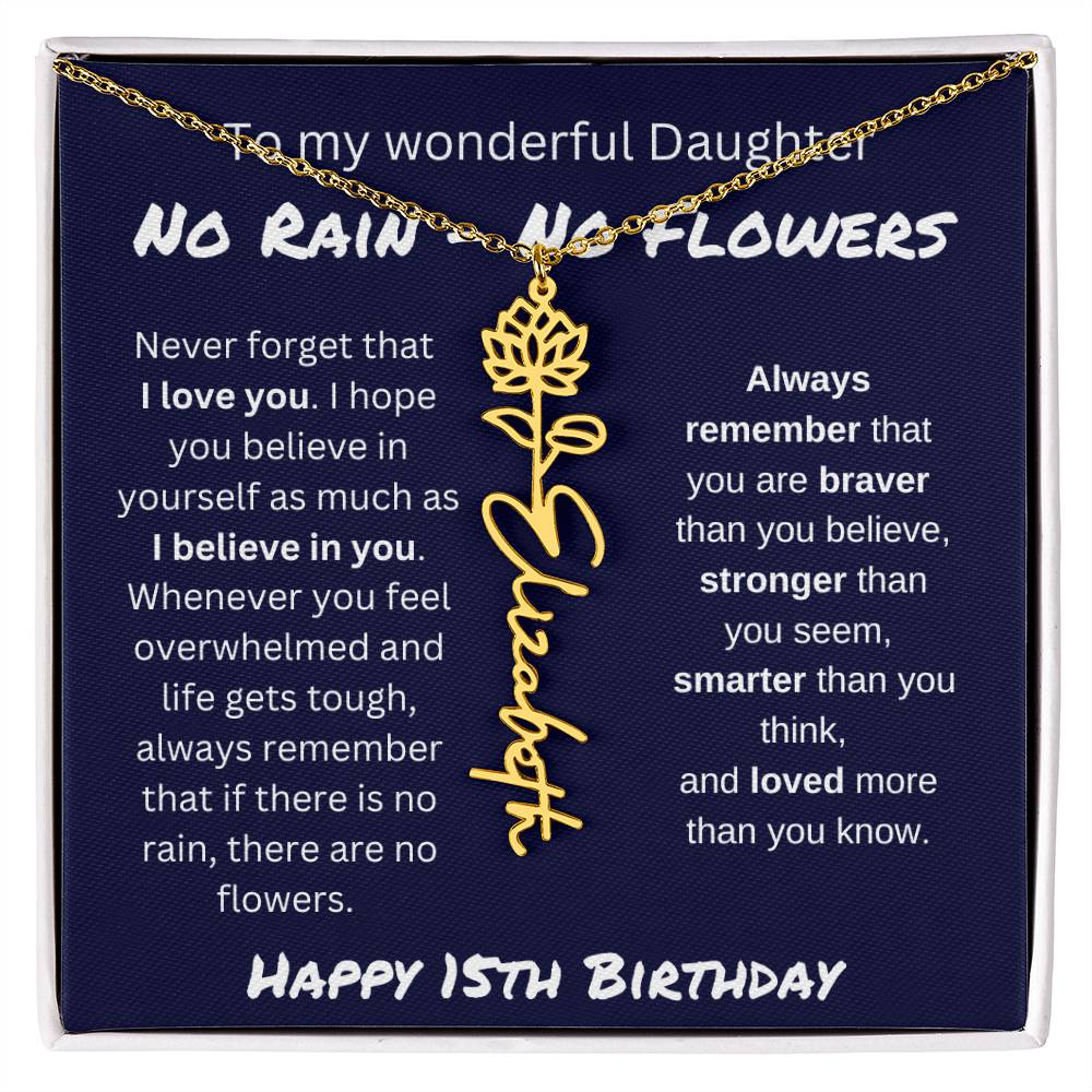 No Rain - No Flower | Happy 15th Birthday | Flower Name Necklace