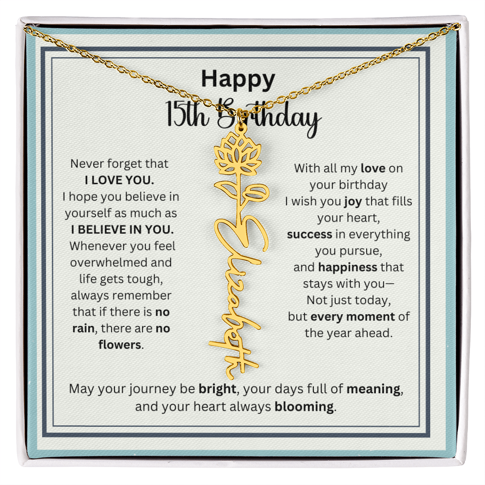 Personalized 15th Birthday Gift for Her - Birth Flower Necklace with Card