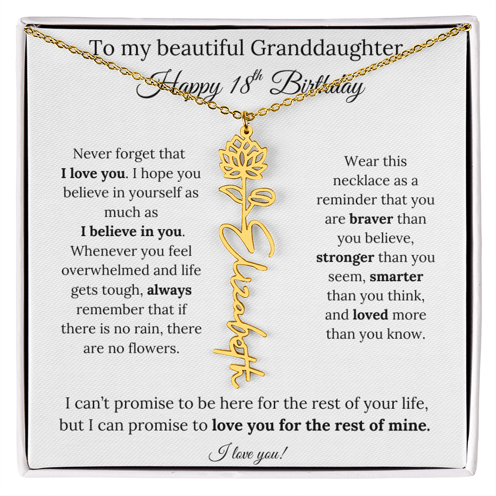 18th Birthday Gift for Granddaughter Flower Name Necklace with Message Card