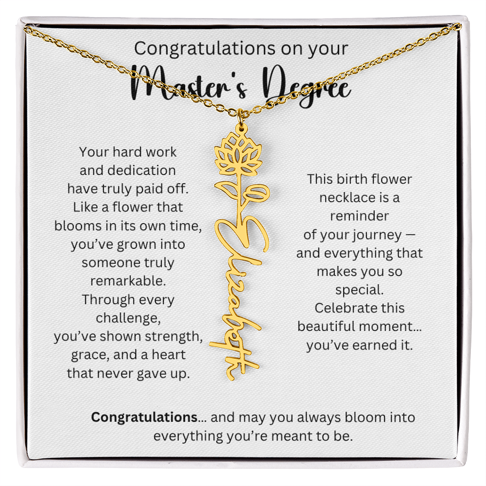 Personalized Masters Graduation Keepsake Gift - Birth Flower Name Necklace
