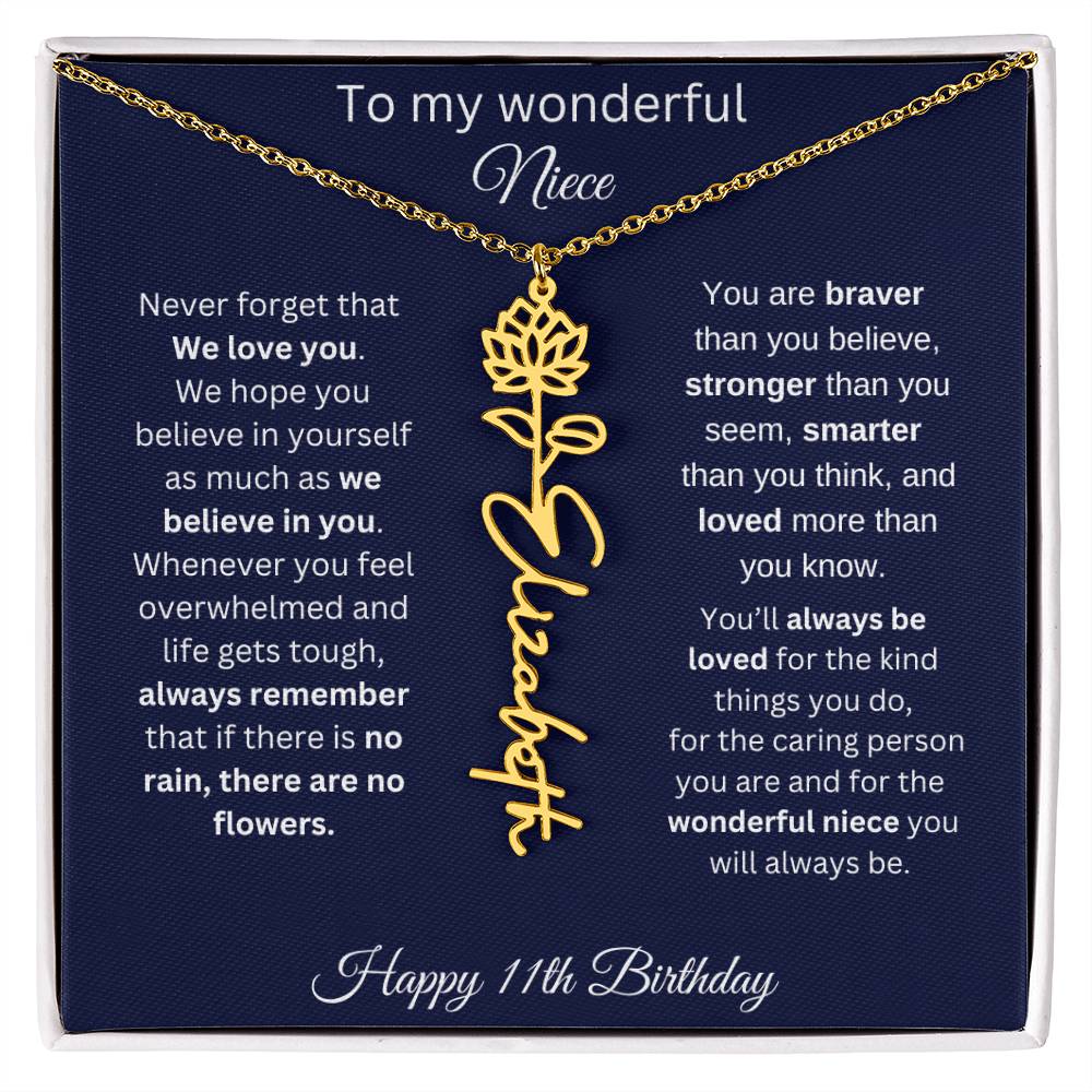 11th Birthday Gift For Niece - Personalized Birthmonth Flower Name Necklace