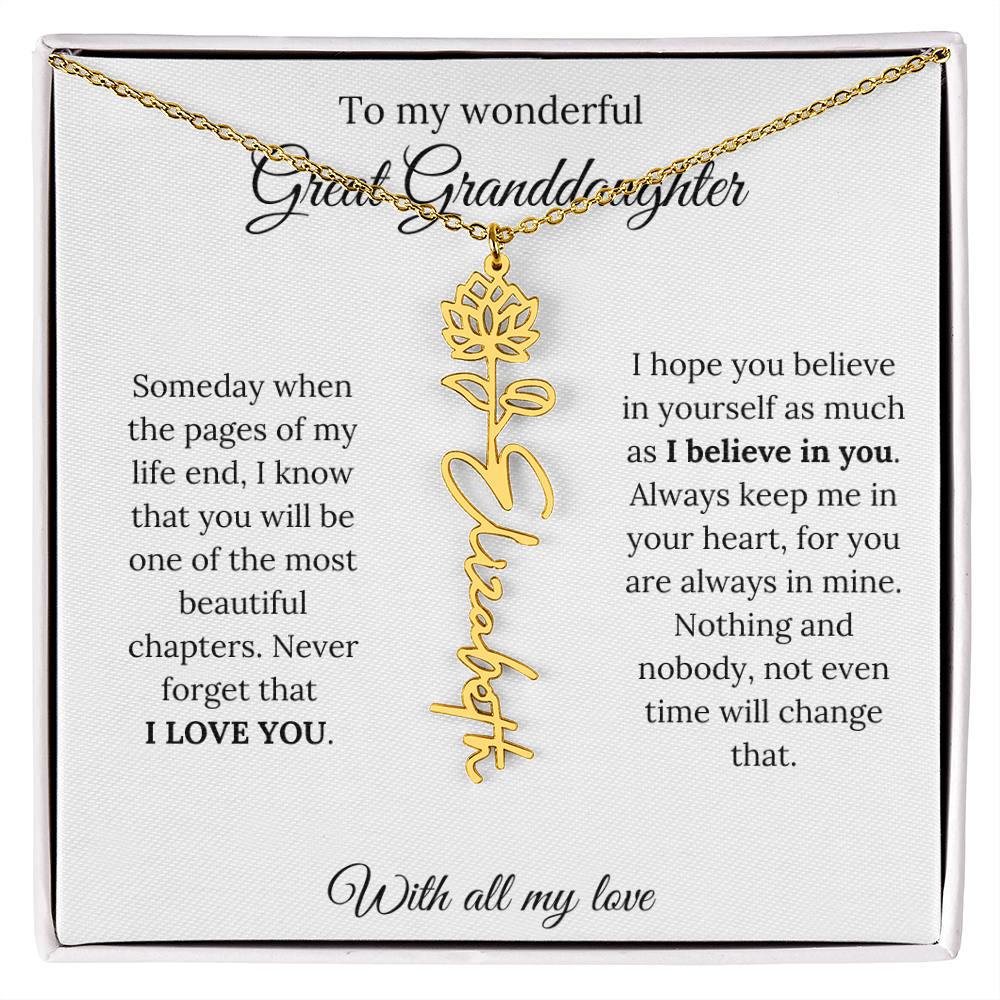 Great Granddaughter Birth Flower Name Necklace – “You Are One of the Most Beautiful Chapters” – Custom Keepsake Jewelry Gift