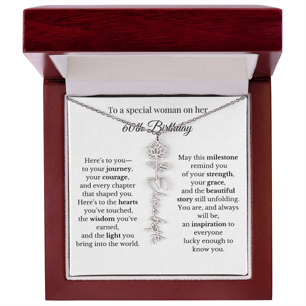 60th Birthday Gift To A Special Woman | Personalized Birth Flower Name Necklace