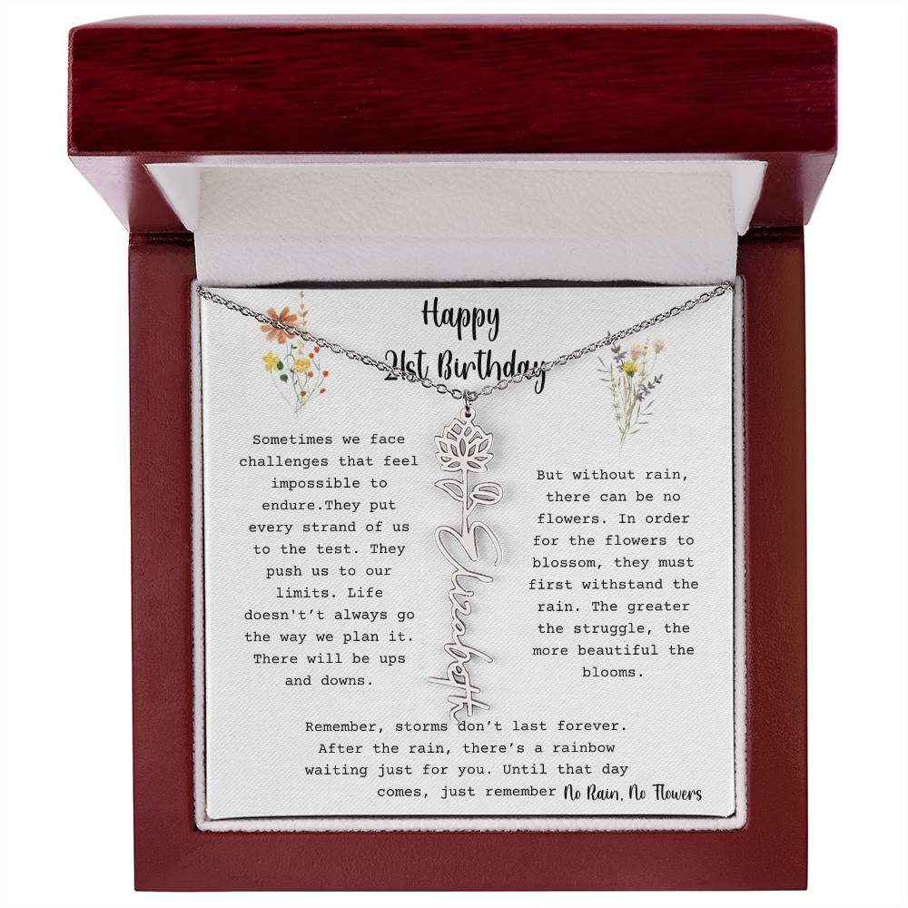No Rain, No Flowers - Happy 21st Birthday - Flower Name Necklace