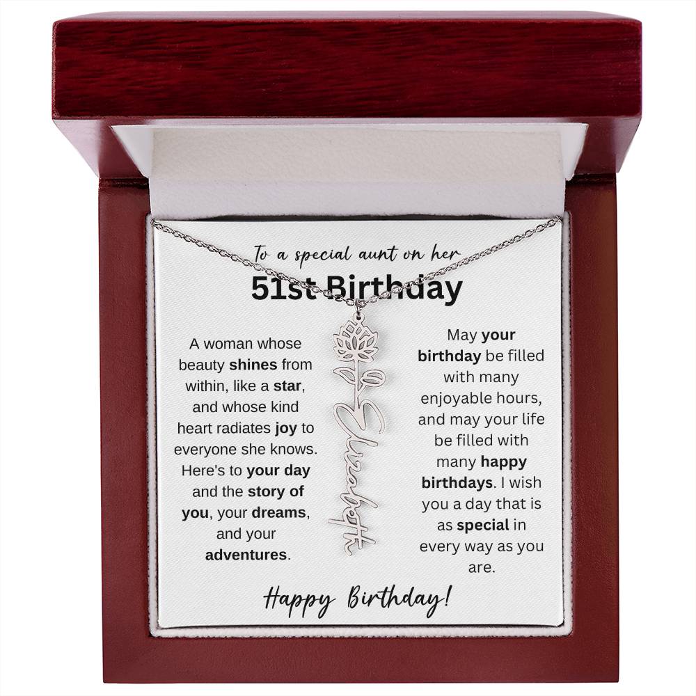 To A Special Aunt Happy 51st Birthday - Flower Name Necklace