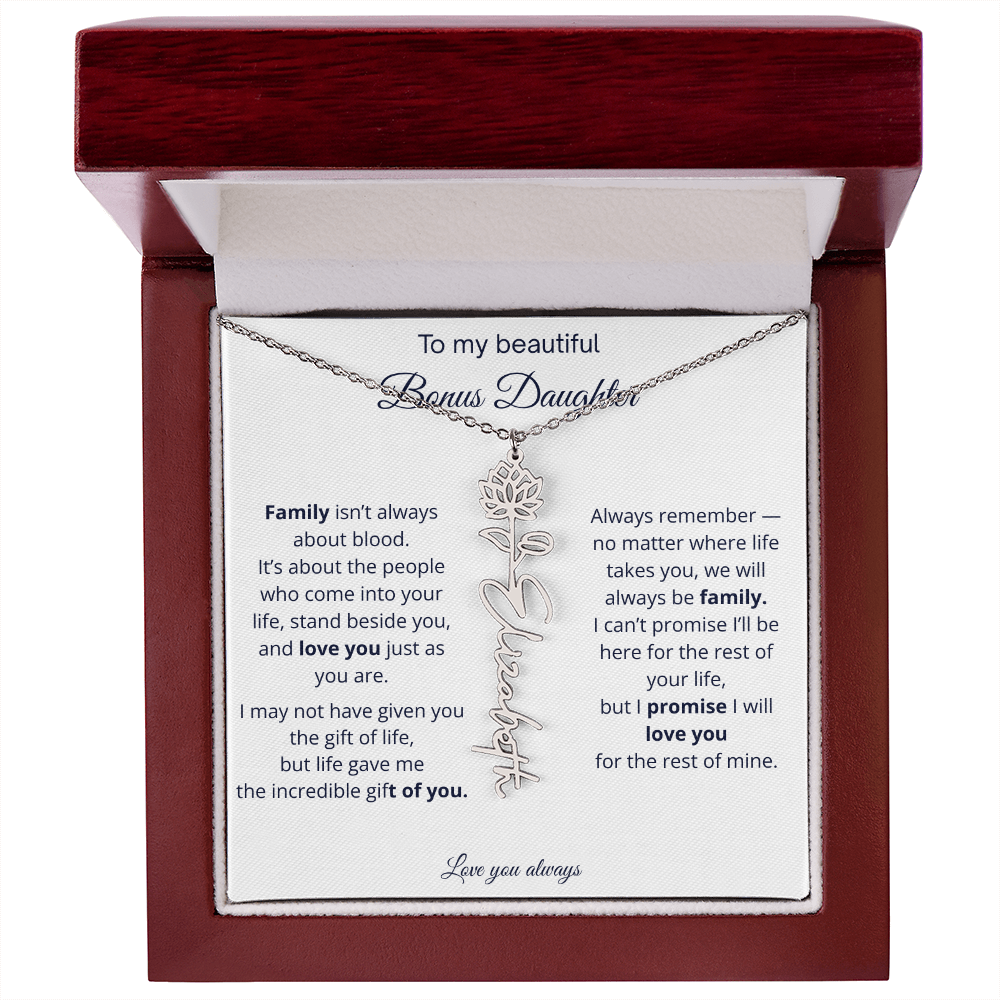 To My Beautiful Bonus Daughter | Love You Always | Birth Flower Name Necklace