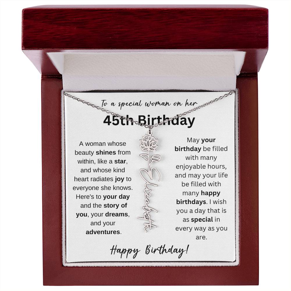 To A Special Woman - Happy 45th Birthday - Flower Name Necklace