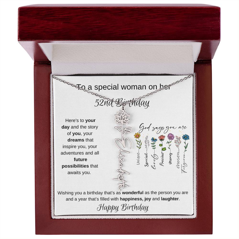 To A Special Woman On Her 52nd Birthday - Flower Name Necklace