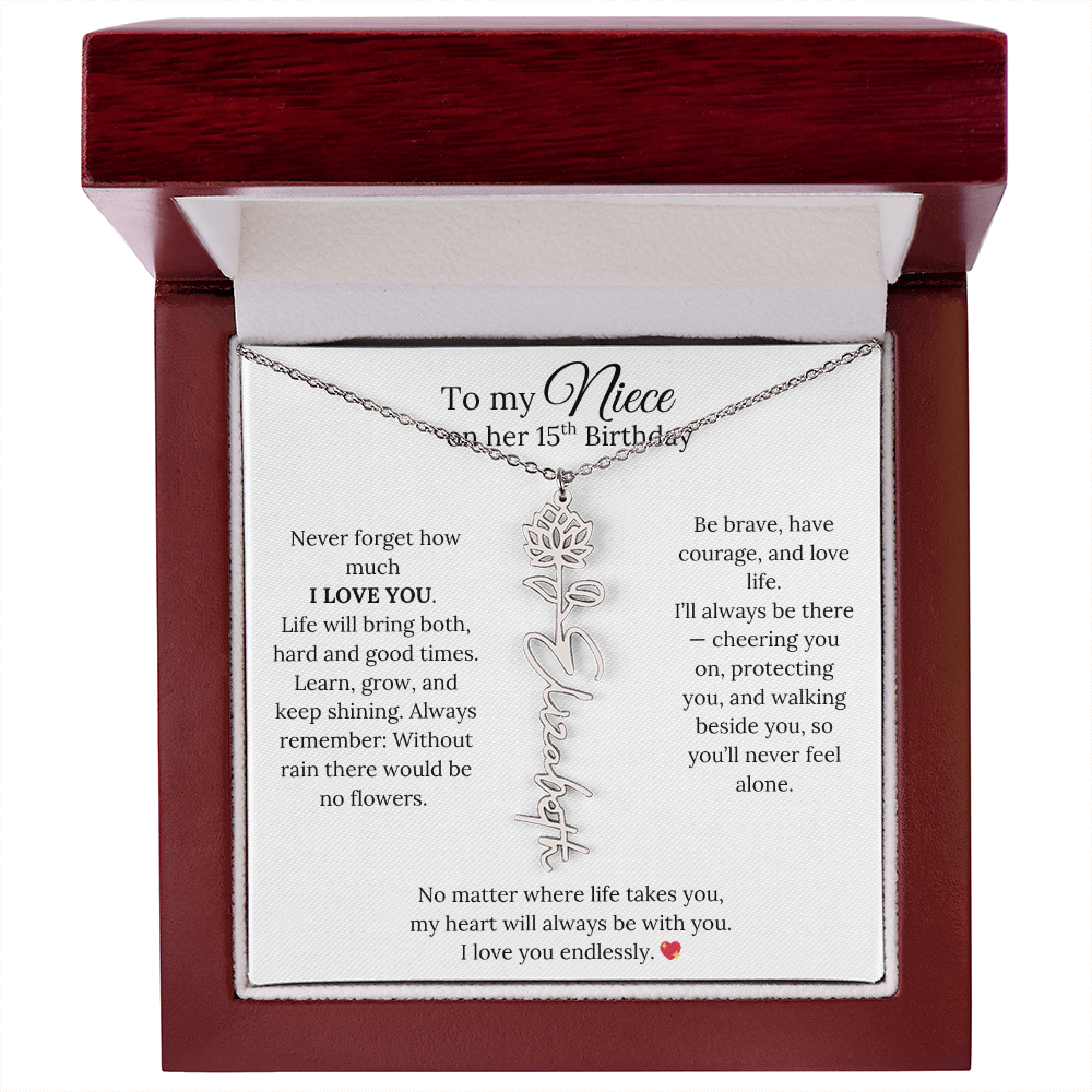 15th Birthday Gift from Aunt - Personalized Birth Flower Name Necklace
