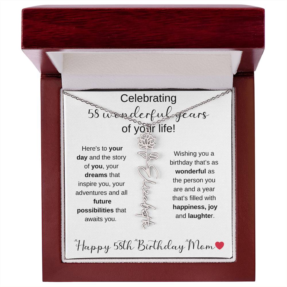 Happy 58th Birthday Mom - Flower Name Necklace