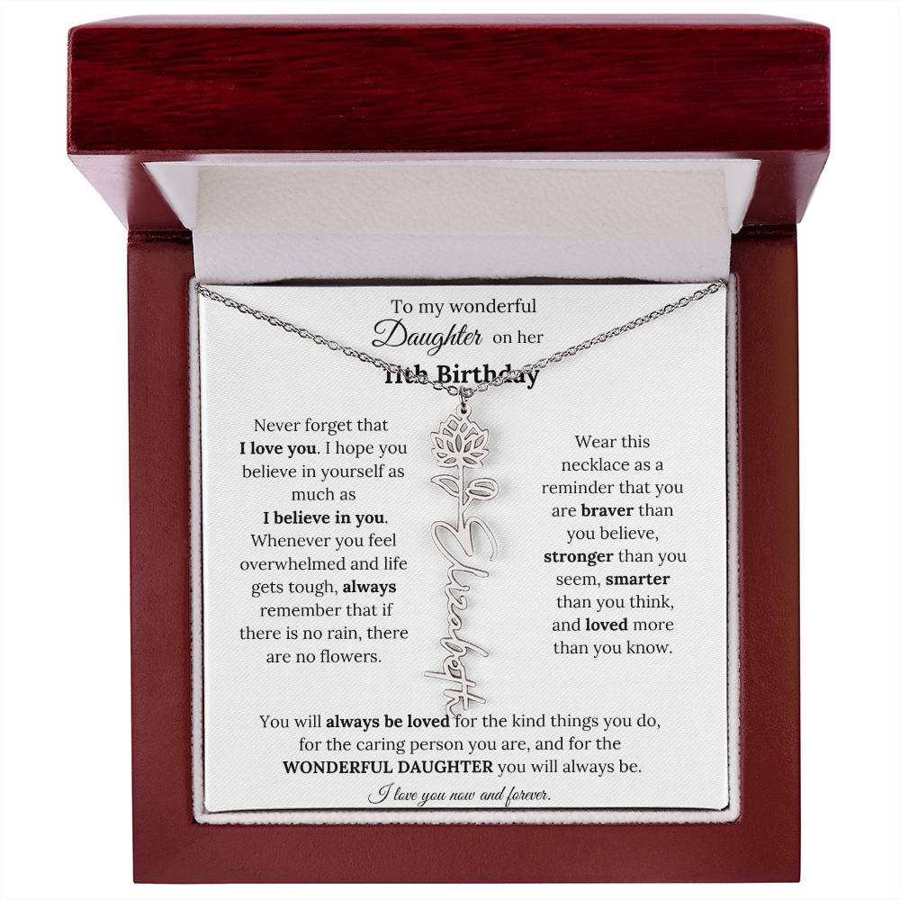 To My Wonderful Daughter On Her 11th Birthday - I Love You - Flower Name Necklace