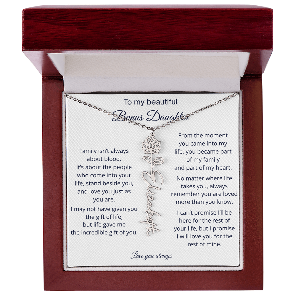 Bonus Daughter Jewelry Gift - Personalized Birth Flower Name Necklace