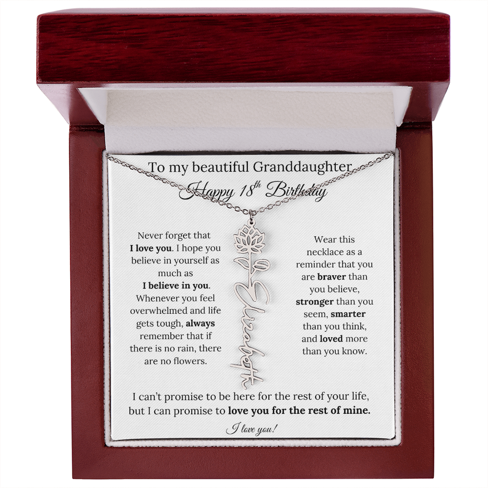 18th Birthday Gift for Granddaughter Flower Name Necklace with Message Card