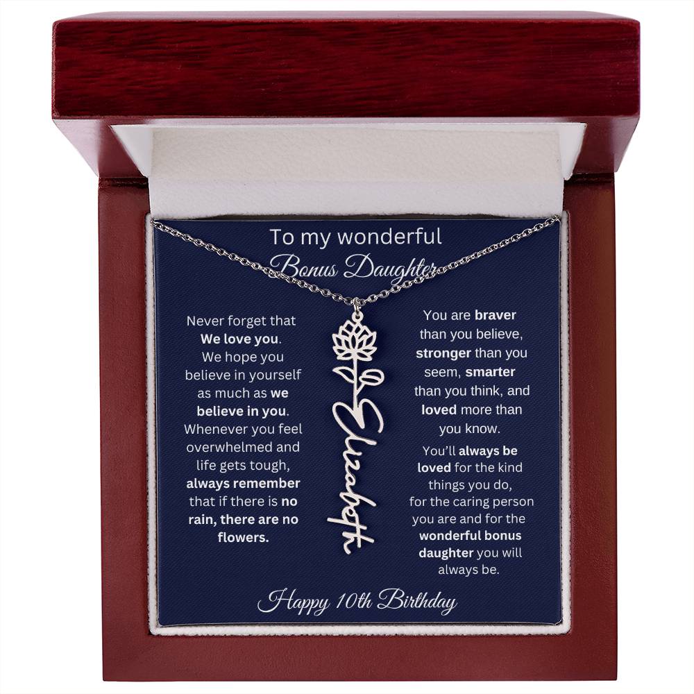 10th Birthday Gift For Bonus Daughter - Personalized Birthmonth Flower Name Necklace