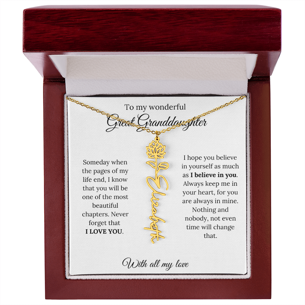 Great Granddaughter Birth Flower Name Necklace – “You Are One of the Most Beautiful Chapters” – Custom Keepsake Jewelry Gift