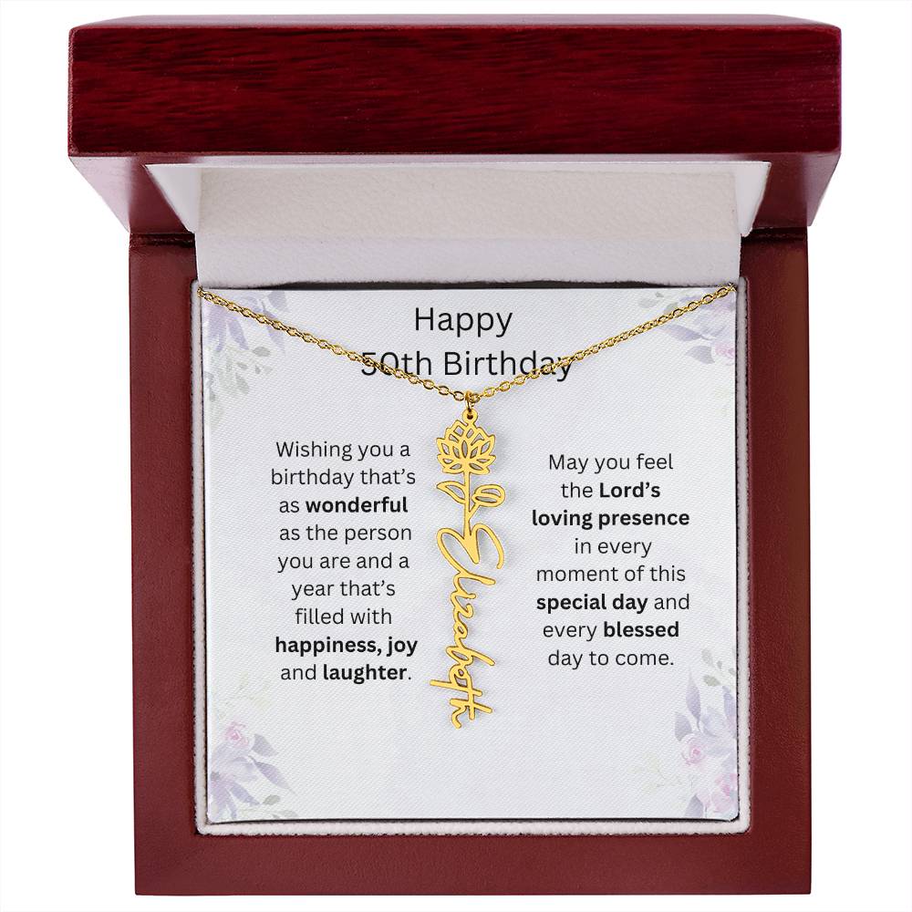 Wishing You Happiness, Joy & Laughter - Happy 50th Birthday | Flower Name Necklace