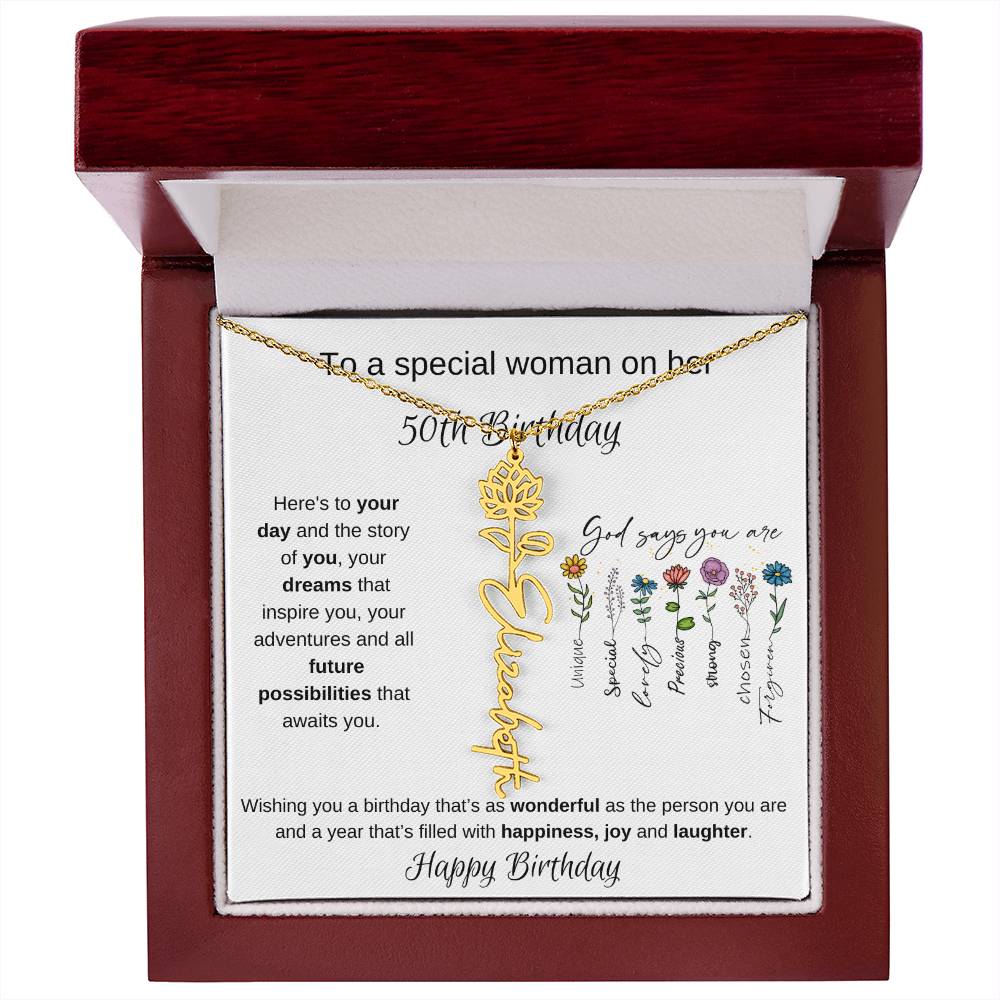 To A Special Woman On Her 50th Birthday - Flower Name Necklace
