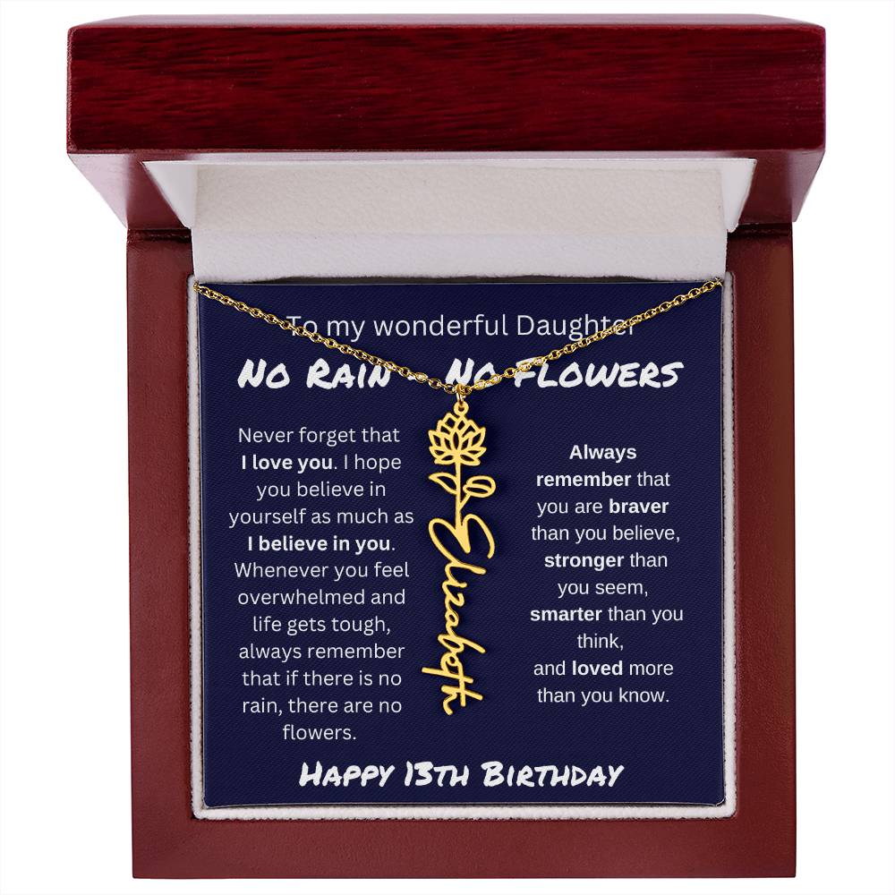 No Rain - No Flower | Happy 13th Birthday | Flower Name Necklace