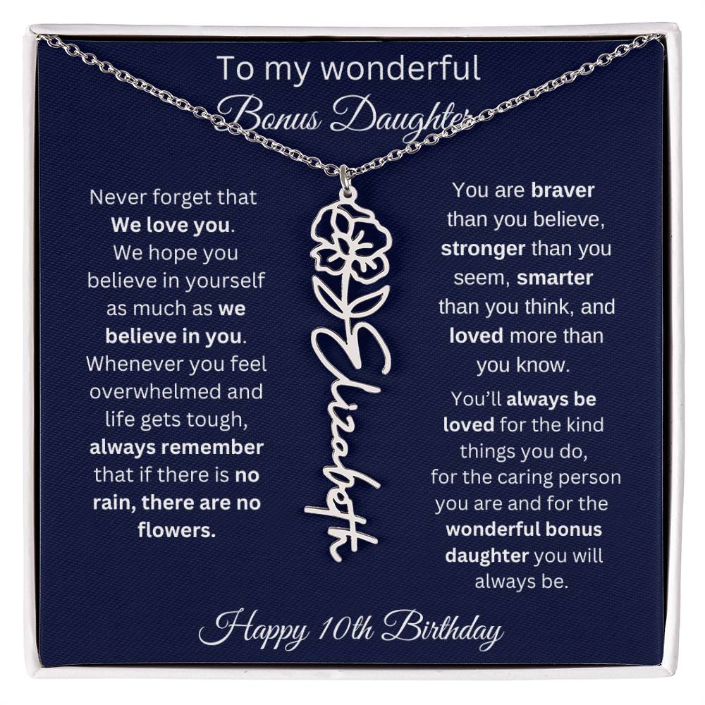 10th Birthday Gift For Bonus Daughter - Personalized Birthmonth Flower Name Necklace