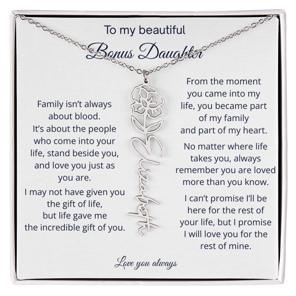Bonus Daughter Jewelry Gift - Personalized Birth Flower Name Necklace