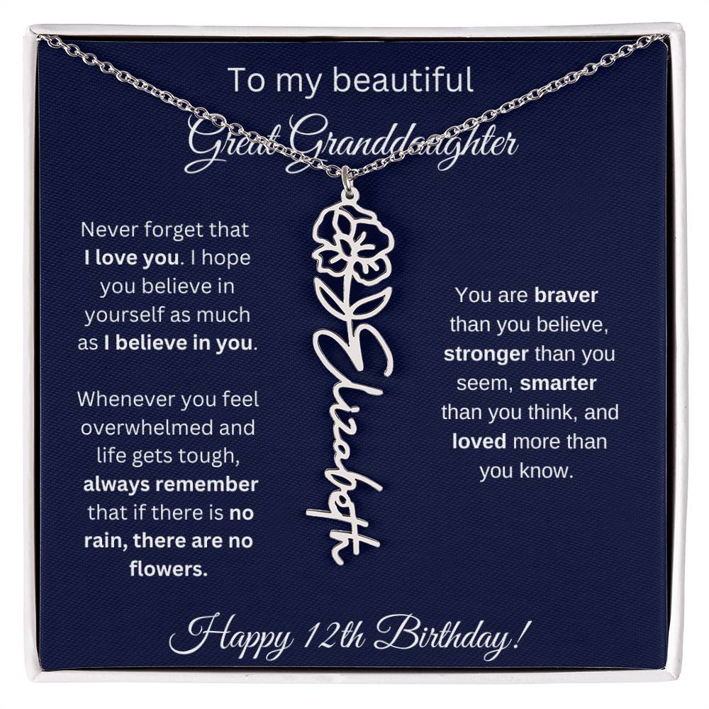12th Birthday Gift For Great Granddaughter - Birthmonth Flower Name Necklace