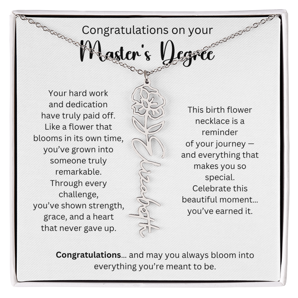 Personalized Masters Graduation Keepsake Gift - Birth Flower Name Necklace