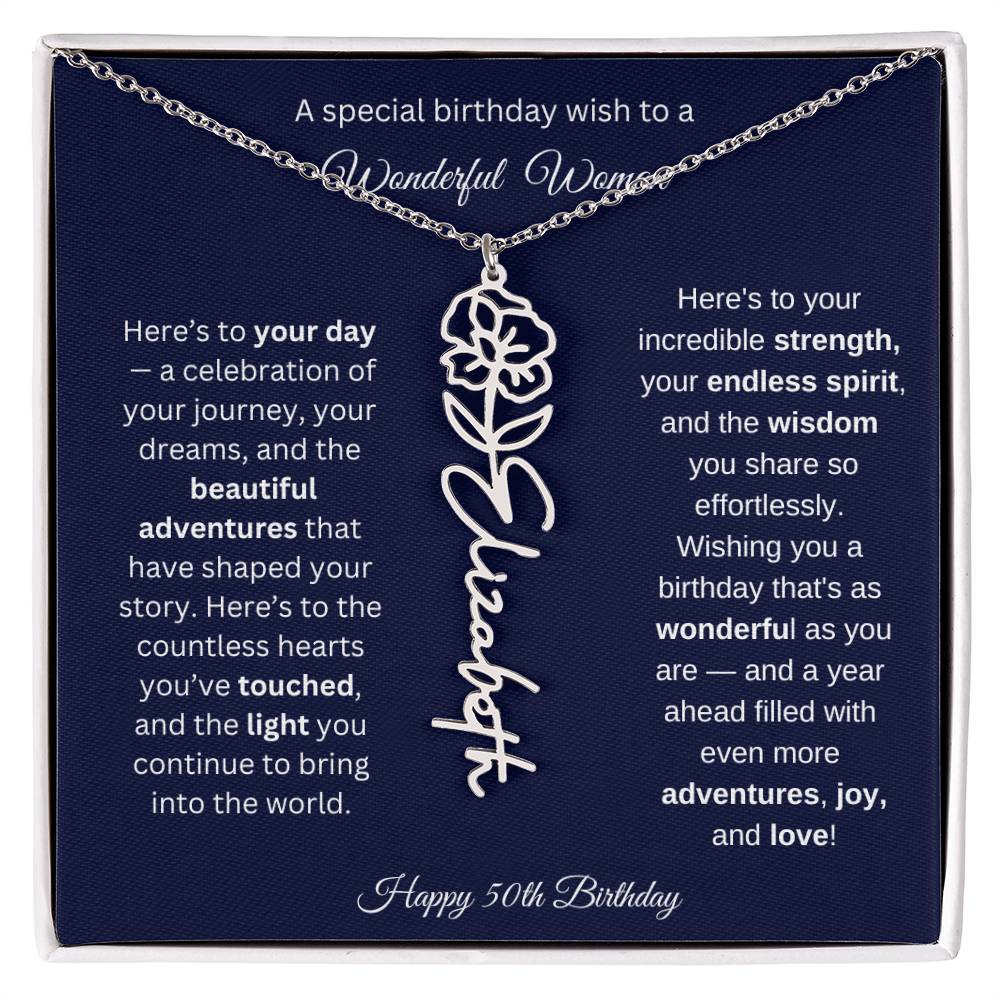 Happy 50th Birthday - Personalized Birth Flower Name Necklace with Message Card