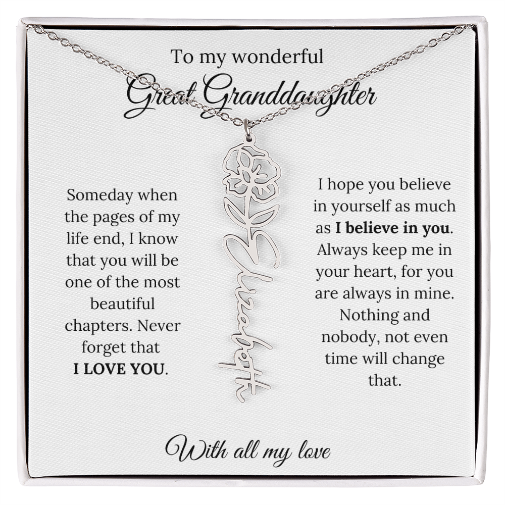 Great Granddaughter Birth Flower Name Necklace – “You Are One of the Most Beautiful Chapters” – Custom Keepsake Jewelry Gift