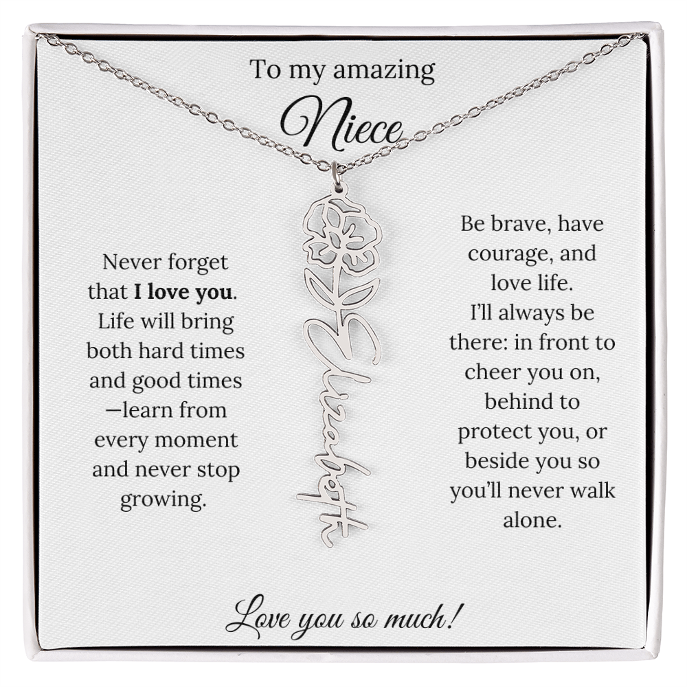 Niece Gift – Birth Flower Name Necklace + Inspiring Message Card