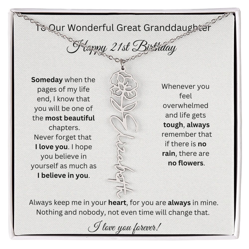 Birthflower Name Necklace To My Great Granddaughter's 21st Birthday