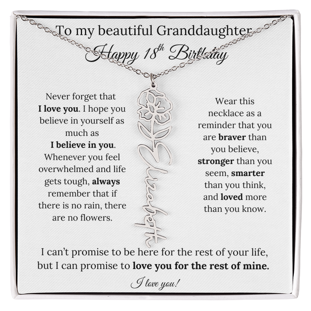 18th Birthday Gift for Granddaughter Flower Name Necklace with Message Card