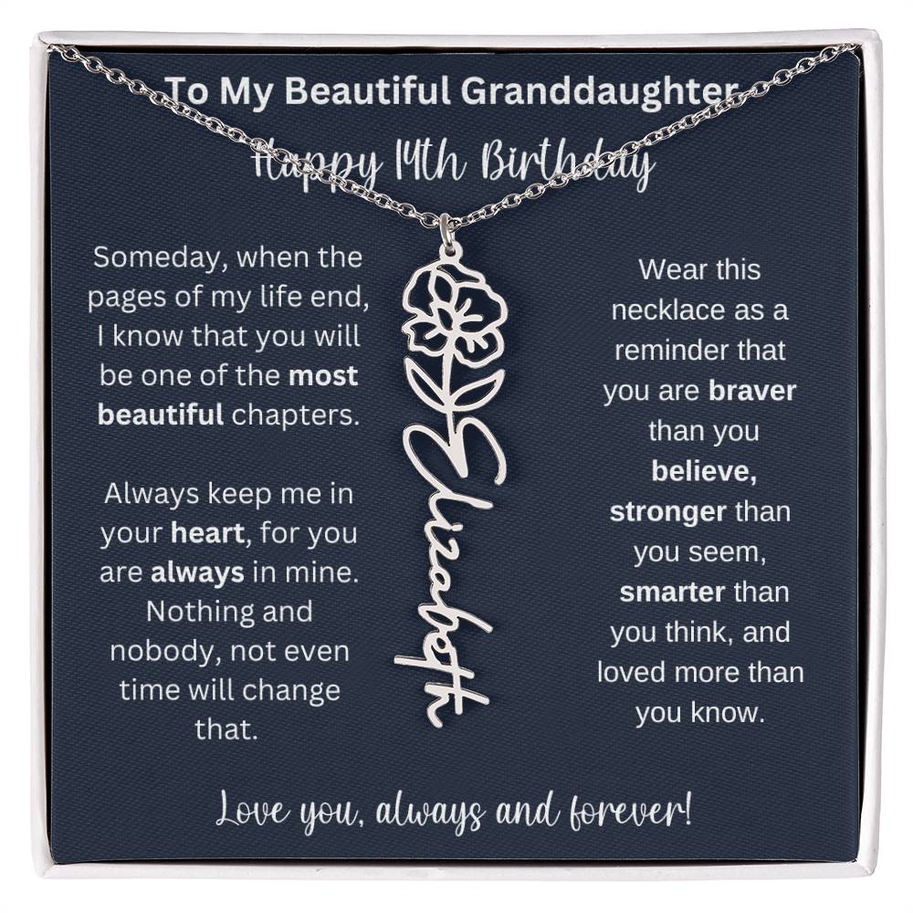 14th Birthday Gift For Granddaughter | Personalized Birth Flower Name Necklace