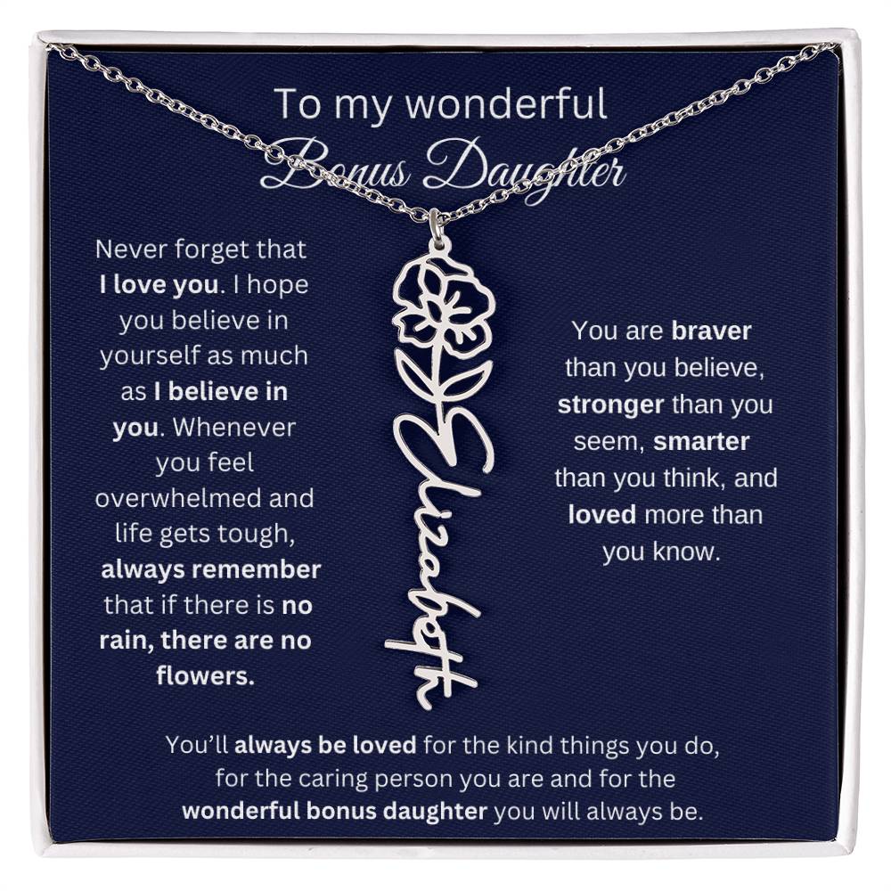 To My Wonderful Bonus Daughter - I Love You - Flower Name Necklace