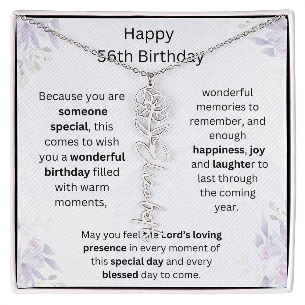 Wishing You Happiness, Joy & Laughter - Happy 56th Birthday | Flower Name Necklace