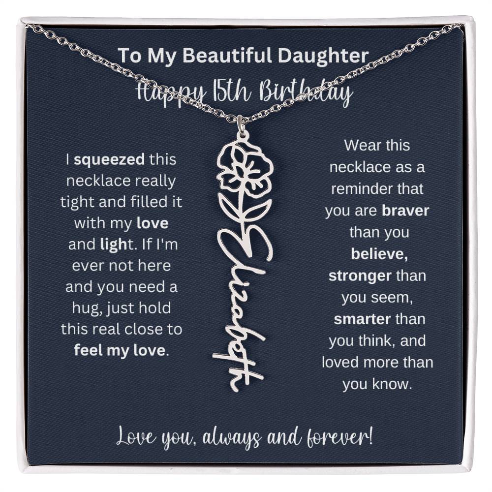 15th Birthday Gift For My Beautiful Daughter | Personalized Flower Name Necklace