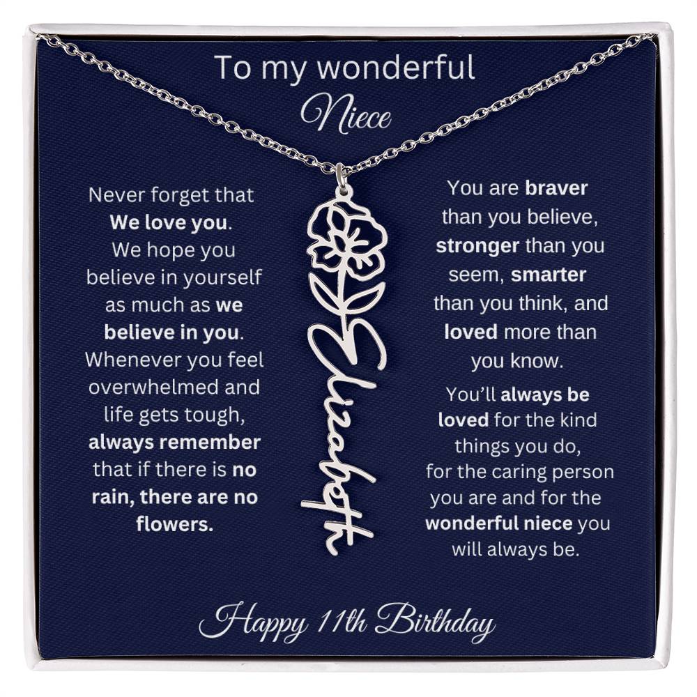 11th Birthday Gift For Niece - Personalized Birthmonth Flower Name Necklace