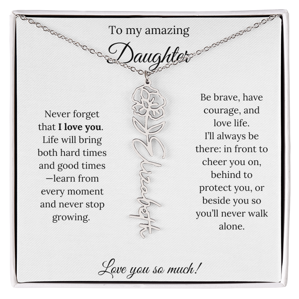 Personalized Daughter Necklace with Birth Flower Name & Inspiring Quote Card